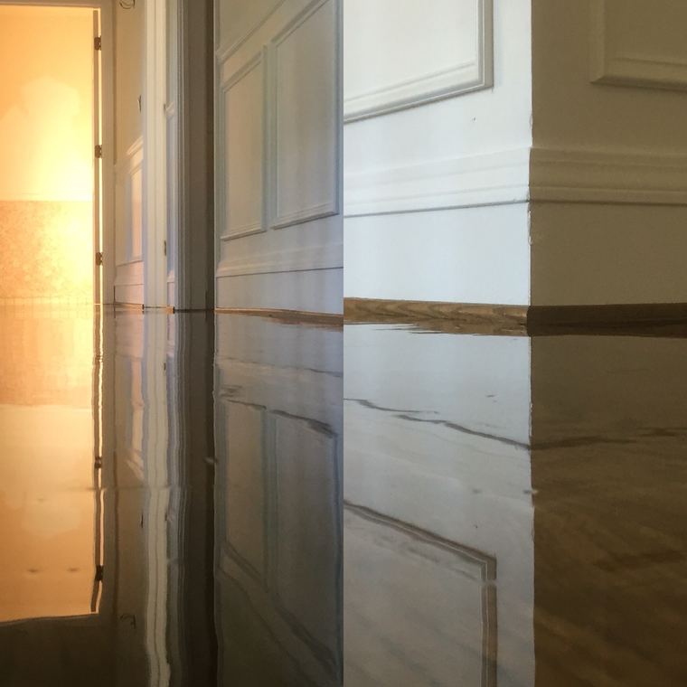 Glossy finished hardwood floor reflecting a doorway